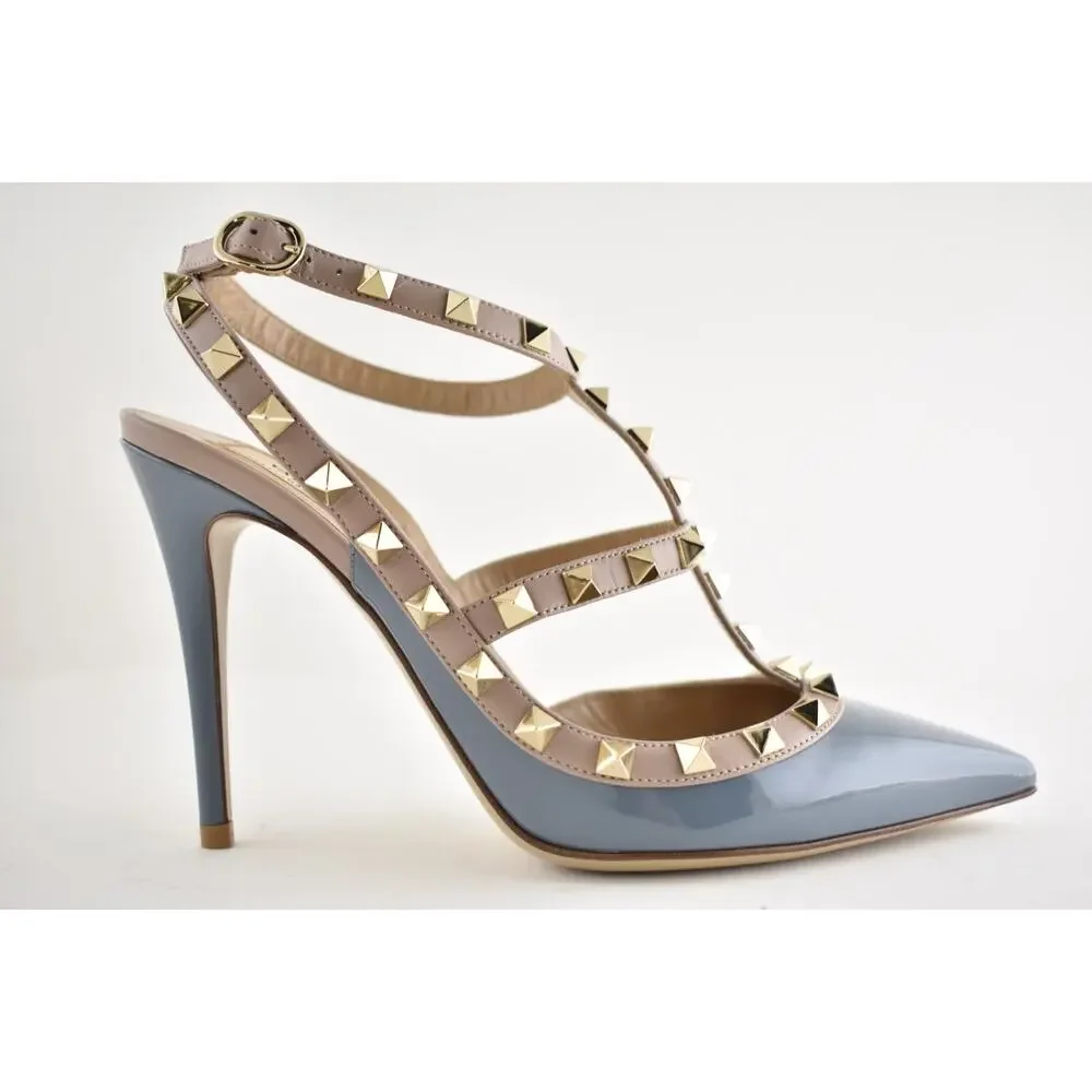 Valentino Rockstud 100mm Grey Blue Patent Poudre Nude Ankle Strap Heel Pump 36.5